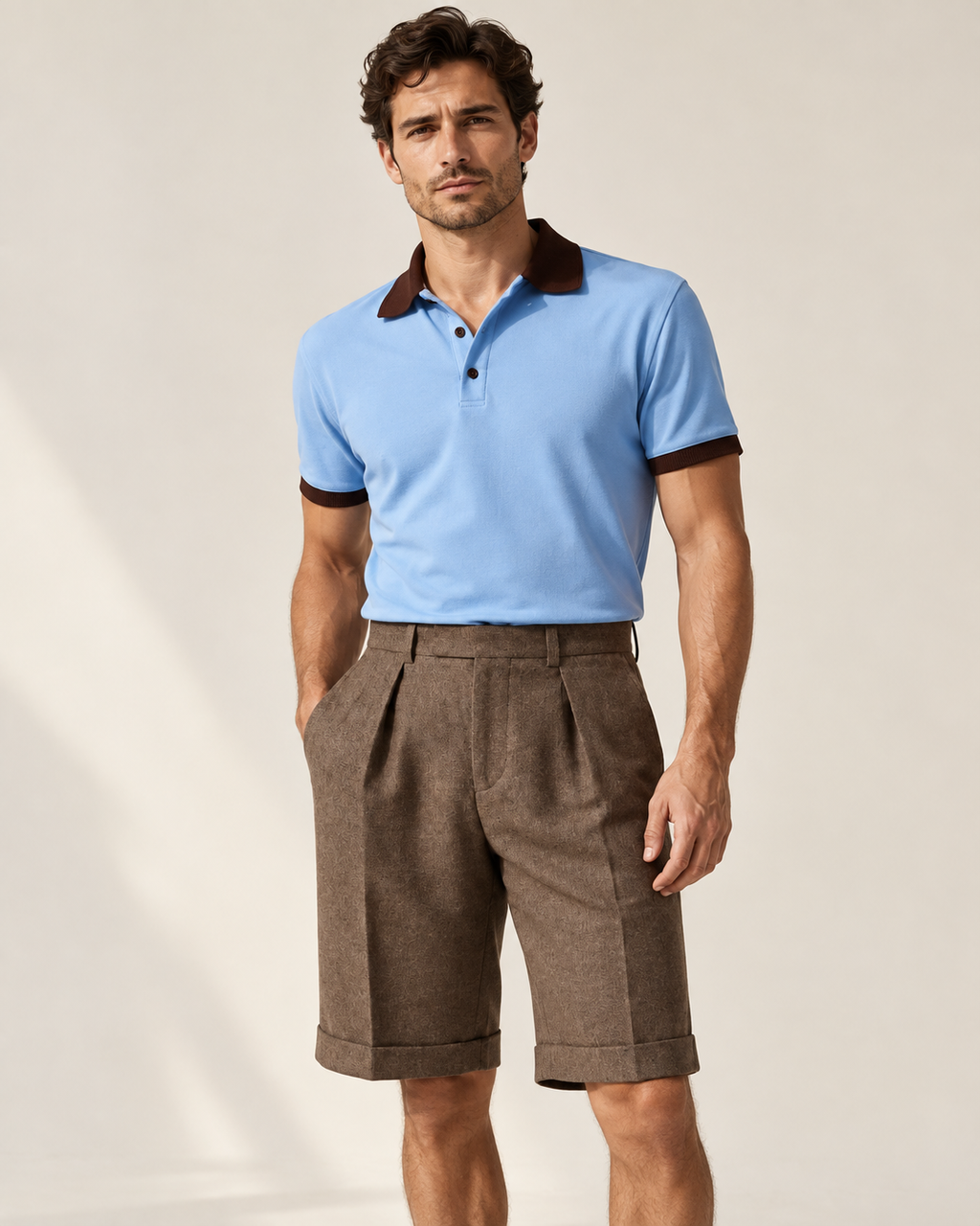 AI-generated styling visualization: male model wearing Luvere Capri Tailored Shorts in Espresso with the Sky Riviera Polo and espresso collar and cuffs, based on original garment photographs.