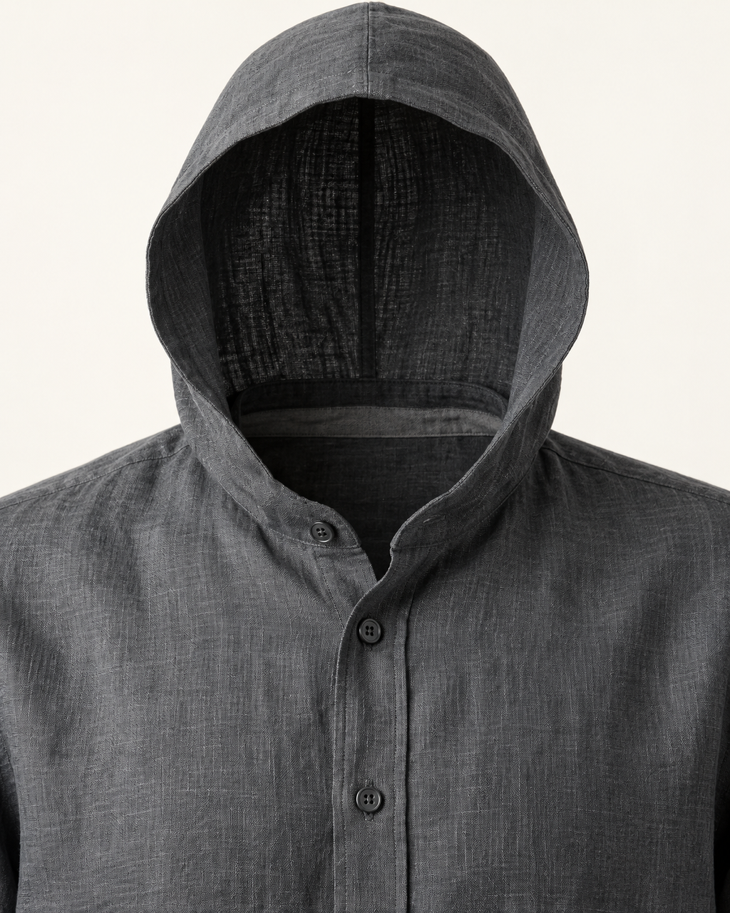 AI-generated supplementary visualization based on the Luvere Como Hooded Linen Shirt: Slate linen hood and button detail.