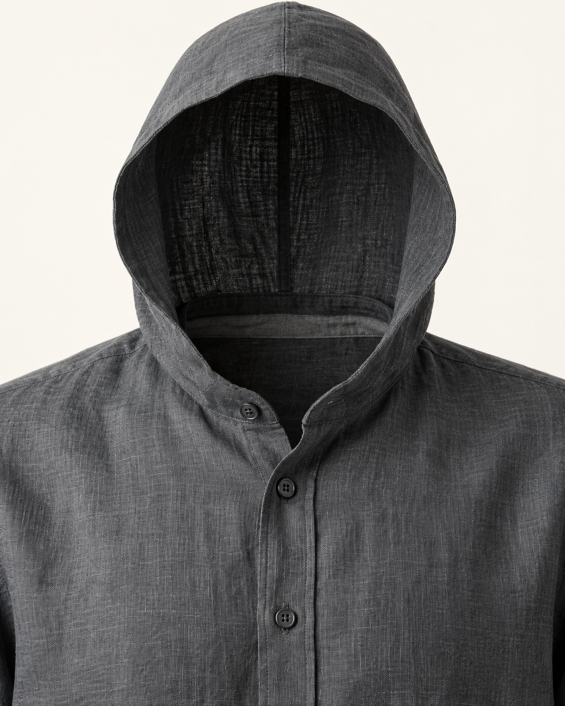 AI-generated supplementary visualization based on the Luvere Como Hooded Linen Shirt: Slate linen hood and button detail.