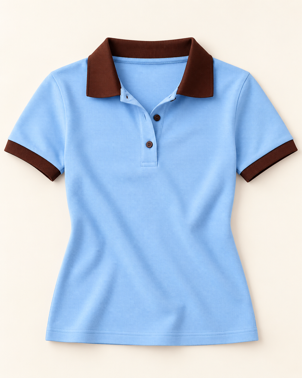 AI-generated visualization based on the real Luvere Riviera Polo: Sky cotton polo with Espresso collar and sleeve trims.