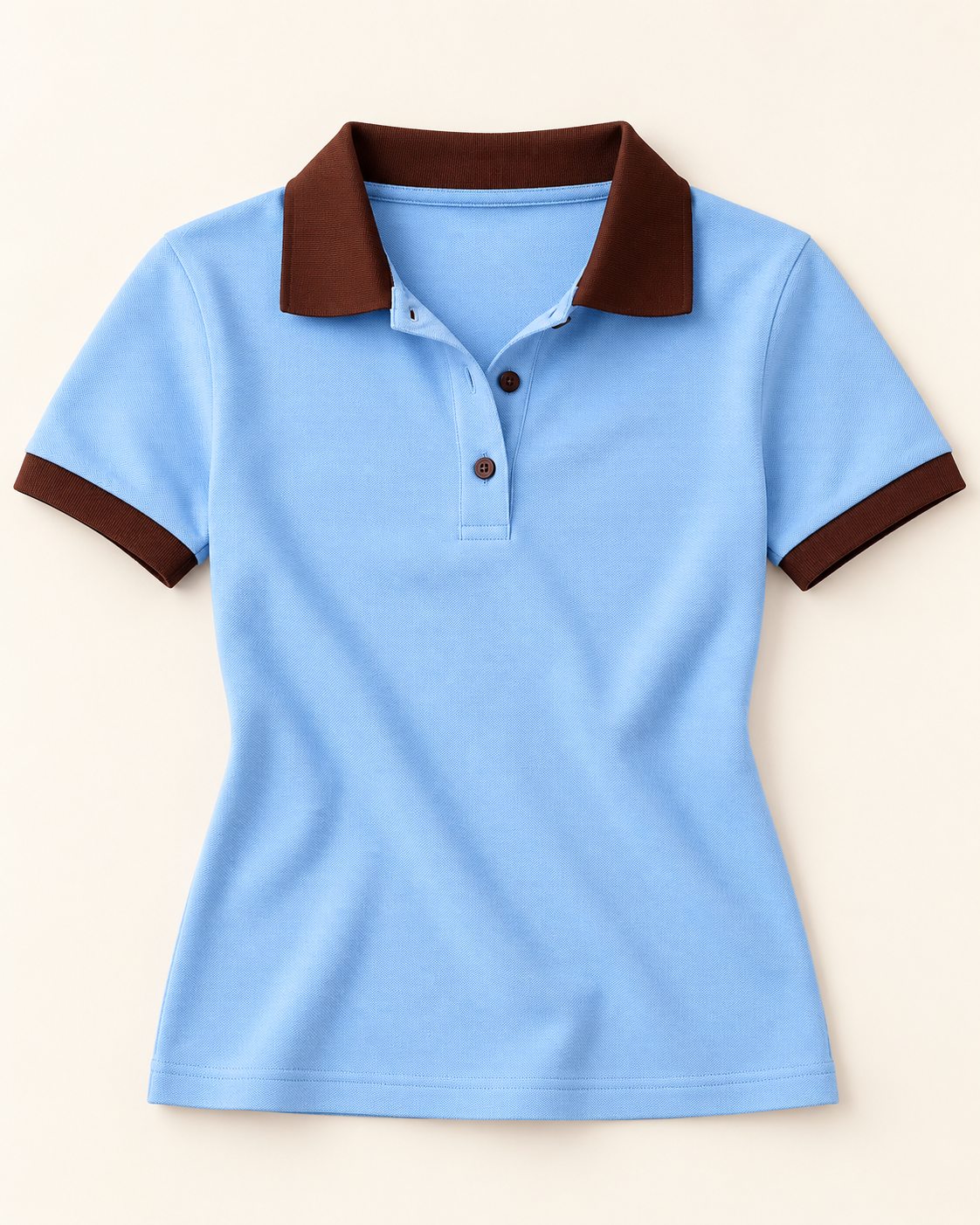 AI-generated visualization based on the real Luvere Riviera Polo: Sky cotton polo with Espresso collar and sleeve trims.