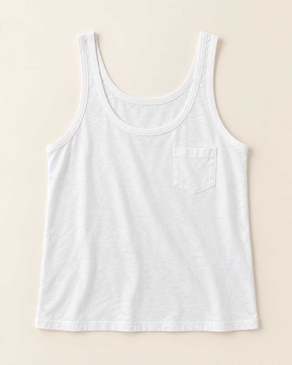 AI-generated visualization based on the real Luvere Riviera Tank: white cotton scoop-neck tank top with chest pocket.