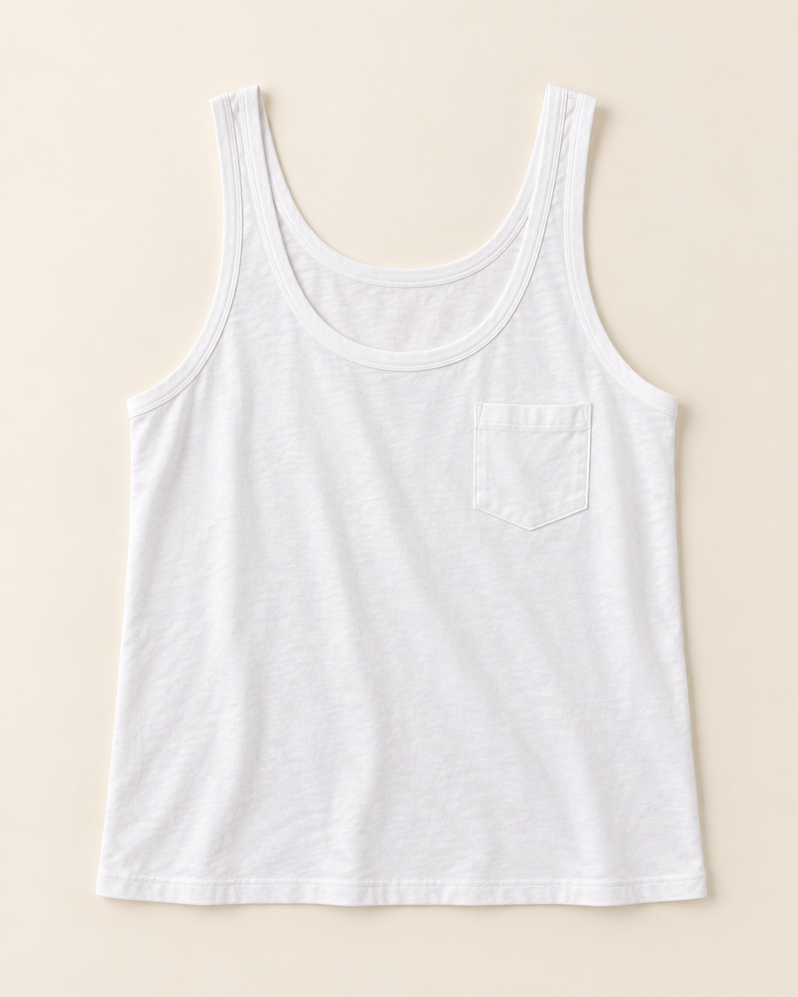 AI-generated visualization based on the real Luvere Riviera Tank: white cotton scoop-neck tank top with chest pocket.