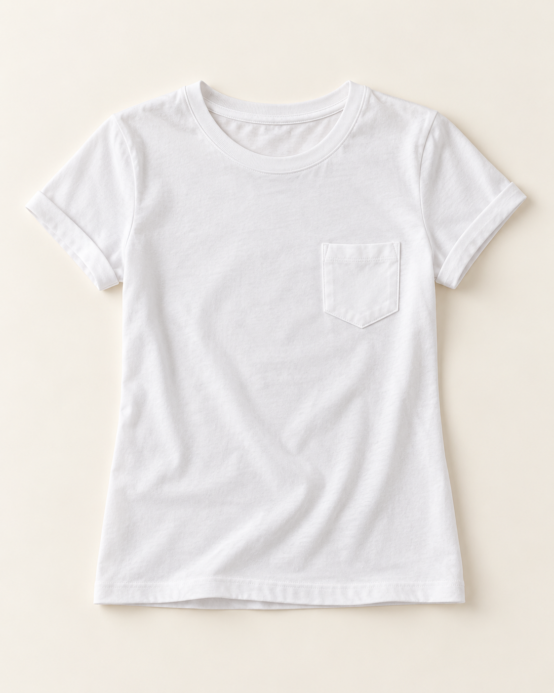AI-generated visualization based on the real Luvere Studio Tee: white cotton crew-neck T-shirt with chest pocket.